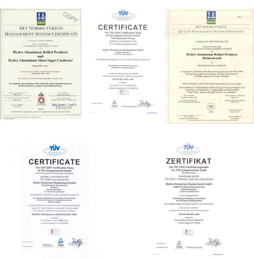 Certyfikaty blach aluminiowych