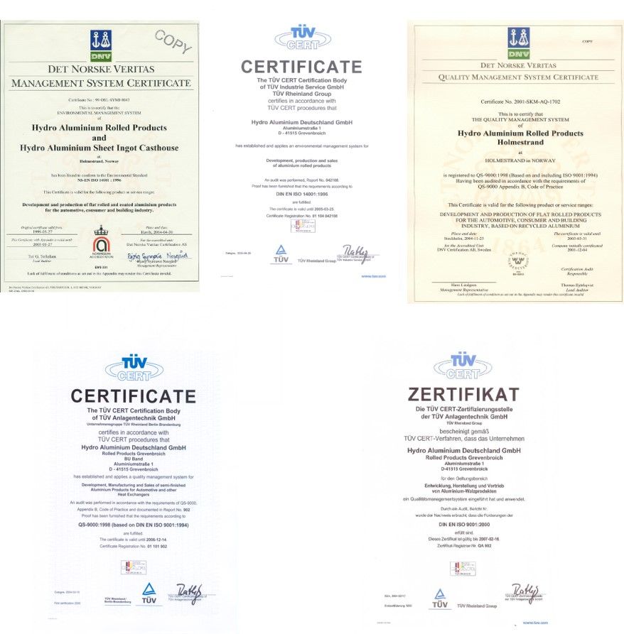 Certyfikaty blach aluminiowych